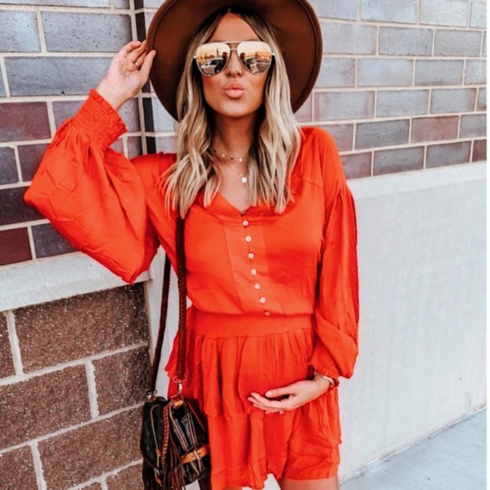 Vici Sundown Smocked Tiered Long sleeve Dress Burnt Orange - Picture 3 of 8